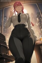 1girl ai_generated bangs black_neckwear black_pants braid breasts building chainsaw_man collared_shirt from_below hi_res high_quality high_resolution large_breasts long_hair looking_at_viewer makima_(chainsaw_man) necktie office_lady pants patreon ringed_eyes savvyraexo seductive sexy shirt solo thick_thighs thighs uncensored watermark yellow_eyes