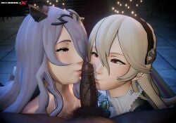 1boy 2girls 3d 3d_(artwork) camilla_(fire_emblem) corrin_(fire_emblem) corrin_(fire_emblem)_(female) dark-skinned_male fire_emblem fire_emblem_fates interracial kissing kissing_penis nintendo penis shaddoll_x sharing sharing_penis