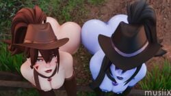 2girls 3d ass bent_over black_lipstick brown_hair bubble_ass cowboy_hat cowgirl_outfit d.va facial_markings female_only from_above hana_song hat looking_at_viewer looking_up medium_breasts musiix nipple_piercing nude nude_female overwatch purple_skin widowmaker