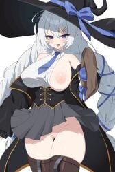 1girl absurdres black_hat blue_eyes blue_necktie braid breasts commentary_request cowboy_shot grey_skirt hat highres holding holding_staff korean_commentary large_breasts long_hair looking_at_viewer necktie nipples one_breast_out open_mouth original pussy ryeoubi shirt simple_background skirt smile solo staff thigh_gap twin_braids white_background white_hair white_shirt witch_hat