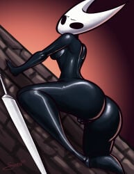 absurd_res all_fours anthro arthropod big_butt black_body black_eyes breasts butt empty_eyes featureless_feet feet female genitals hi_res hollow_knight_(franchise) hornet_(hollow_knight) insect looking_at_viewer looking_back looking_back_at_viewer nude red_background sausysolstice simple_background small_breasts solo team_cherry thick_thighs vulva weapon white_body wide_hips