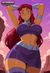 1girls ai_generated armpits armwear artoonizer ass belt big_ass big_breasts blush breasts cartoon_network dc dc_comics female female_only green_eyes hands_behind_head high_heel_boots koriand'r large_breasts latex_thighhighs legs_together light-skinned_female light_skin long_hair looking_at_viewer miniskirt narrow_waist navel orange_skin outdoors patreon patreon_username posing red_hair shiny_skin skirt smile solo solo_female solo_focus standing starfire starfire_(teen_titans) stomach teen_titans thick_thighs thigh_highs thighhighs topwear viewed_from_below wide_hips