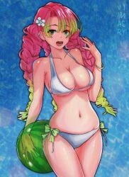 1girl artist_name ball beach_ball beachball big_breasts bikini blue_background bow bracelet braid braided_hair braided_ponytail braided_twintails breasts cleavage collarbone commentary commission cowboy_shot curtained_hair demon_slayer doomykiwi eyelashes flower gradient_hair green_bow green_eyes green_hair hair_between_eyes hair_flower hair_ornament kanroji_mitsuri kimetsu_no_yaiba large_breasts long_hair multicolored_hair multiple_braids navel open_mouth pink_hair ponytail shiny_skin side-tie_bikini_bottom smile solo stomach swimsuit teeth white_bikini white_flower