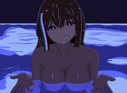 1girls brown_eyes brown_hair brown_skin chilo_chan chilo_sports looking_at_viewer mexican_female naked_female pool reze_in_the_pool_(meme) showing_breasts