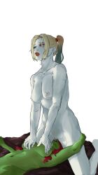 biting_tongue breast_grab cunnilingus dc_comics facesitting green_skin harley_quinn lesbian looking_pleasured on_bed poison_ivy pubic_hair thigh_grab white_body yuri