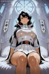 1girl ai_generated bambietta_basterbine bangs belt black_hair bleach breasts gloves hi_res high_quality high_resolution indoors large_breasts long_hair long_sleeves looking_at_viewer military military_uniform miniskirt parted_lips patreon pillow pleated_skirt savvyraexo seductive sexy shiny sitting skirt solo uncensored underwear uniform watermark