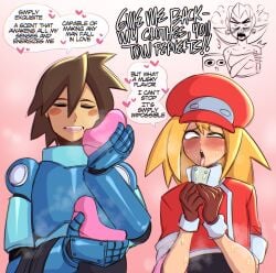 <3 1boy 1girls angry angry_face blonde_hair blush brown_hair capcom cheek_spots dialogue english_text eyes_rolling_back female green_eyes heavy_breathing licking male mega_man mega_man_(character) mega_man_legends mega_man_volnutt naughty_face open_mouth roll_caskett saltyxodium speech_bubble steam text tongue_out tron_bonne very_high_resolution