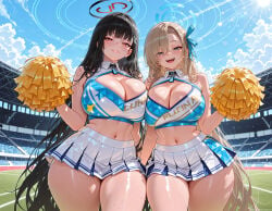 2girls ai_generated alternate_costume asuna_(blue_archive) asymmetrical_bangs asymmetrical_docking bare_shoulders black_hair blonde_hair blue_archive blue_eyes blue_sky blush breast_press cheerleader cleavage cloud crop_top day grin hair_over_one_eye hair_ribbon halo holding_pom_poms huge_breasts large_breasts light_brown_hair long_hair looking_at_viewer midriff millennium_cheerleader_outfit_(blue_archive) miniskirt mole multiple_girls navel open_mouth outdoors pleated_skirt pom_pom_(cheerleading) red_eyes ribbon rio_(blue_archive) septerna smile stadium stomach sweat thick_thighs very_long_hair white_skirt
