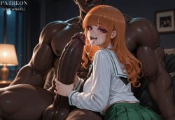 1boy 1girl after_fellatio ai_generated black_neckerchief blunt_bangs blurry_background blush breasts clothed_female_nude_male clothing completely_nude copyright_name cum cum_in_mouth cum_on_tongue cum_string curtains dark-skinned_male dark_penis dark_skin depth_of_field desk_lamp erection eyeshadow facial female girls_und_panzer gokkun green_skirt grin handjob head_out_of_frame hetero huge_penis indoors interracial lamp large_breasts large_penis long_hair long_sleeves looking_at_viewer makeup male manly miniskirt muscular muscular_male neckerchief night nude ooarai_school_uniform open_mouth orange_eyes orange_hair penis penis_grab picture_frame pleated_skirt sailor_collar school_uniform schoolgirl semen serafuku shirt sitting skirt smile takebe_saori teeth testicles thick_arms tongue tongue_out two-handed_handjob uniform vantawaifu veins veiny_penis very_dark_skin white_sailor_collar white_shirt window