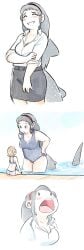 1girls 2girls artist_request beauty_mark_on_breasts big_female big_girl big_mouth big_woman black_hair black_skirt blue_eyes blue_swimsuit blush blushing covered_navel dress_shirt hairband knee_deep larger_female mini_giantess mole_on_breast open_mouth pencil_skirt plump plump_female pool shark_fin shark_girl shark_tail shirt size_difference skirt smiling solo spots spotted_body spotted_skin swimsuit tail tall tall_girl water whale_shark white_background white_dress_shirt white_shirt white_spots