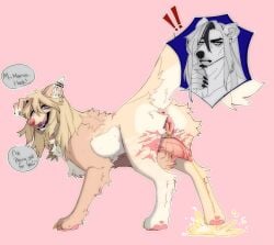 absurd_res animal_genitalia animal_vulva basil_gray bestiality bodily_fluids canine_genitalia canine_vulva dialogue dieudior dragon_dog feral genital_fluids genitals hi_res intersex intersex/male looking_back male marius(dieudior) presenting rear_view solo urine vulva watersports