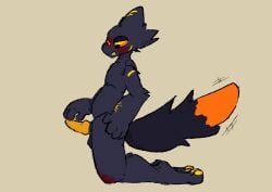 4_toes animal_genitalia animal_penis anthro balls black_body black_fur blush bodily_fluids canid canine casualties:_unknown digital_media_(artwork) erection expie_(gunsawian) feet fur genitals glowing glowing_eyes gunsaw gunsawian hi_res hybrid kneeling knot male male/male mammal markings murid nude orange_eyes orange_genitals orange_penis penis rodent simple_background solo tail tail_markings thick_tail toes tuft yellow_eyes yellow_genitals yellow_penis zerbug