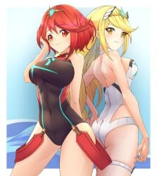 2girls absurdres back-to-back black_one-piece_swimsuit blonde_hair breasts chest_jewel choker competition_swimsuit covered_navel deekei highres large_breasts multiple_girls mythra mythra_(radiant_beach)_(xenoblade) mythra_(xenoblade) nintendo one-piece_swimsuit pyra pyra_(pro_swimmer)_(xenoblade) pyra_(xenoblade) red_eyes red_hair swept_bangs swimsuit thigh_strap tiara white_choker white_one-piece_swimsuit xenoblade_chronicles_(series) xenoblade_chronicles_2 yellow_eyes