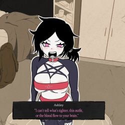 1girls 2d alternate_version_available ashley_graves black_hair blush breasts cross dialogue dingythefool english_text female female_only fishnet_legwear fishnets looking_at_viewer pink_eyes ponytail solo the_coffin_of_andy_and_leyley thight_clothing