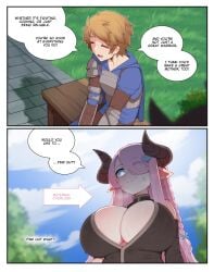 1boy 1girls absurd_res big_breasts blush brown_hair closed_eyes dialogue draph english_text eye_visible_through_hair female gran_(granblue_fantasy) granblue_fantasy hair_over_one_eye hairclip horns horny horny_female imminent_sex inner_sideboob long_hair luxurias male narmaya_(granblue_fantasy) pink_hair pointy_ears smile speech_bubble sweat