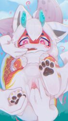 2d 2d_(artwork) anthro bangs blush blush_lines blushing chibi claws digital_drawing_(artwork) digital_media_(artwork) falni feet female female_focus feral fingers fingers_in_mouth fingers_in_pussy fur furry pawpads paws soles teeth vagina vaginal_penetration wet wet_pussy