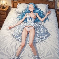 1girl ai_generated bare_legs bare_shoulders bed bed_sheet bedroom blue_bow blue_hair blush bobby_socks bow bow_panties breast_slip breasts cameltoe closed_eyes closed_mouth clothes_lift collarbone drawer dress dress_lift feet_out_of_frame flower forehead frilled_dress frilled_pillow frills hair_flower hair_ornament indoors lamp legs long_hair lying medium_breasts nefertari_vivi nipples on_back on_bed one_breast_out panties pillow sleeping sleeveless sleeveless_dress socks solo underwear wavy_hair white_dress white_panties white_socks