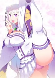 blush clothed emilia_(re:zero) half_elf leg_above_head legs_up peace_sign pink_panties purple_eyes purple_outfit raised_leg re:zero_kara_hajimeru_isekai_seikatsu silver_hair tetrodotoxin