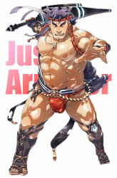1boy armor_break balls_under_clothes bangs bara beard_stubble beefy belt biceps big_areola black_hair breasts bulge bulge_through_clothing chest_hair dad_bod dadbod daddy dilf edited fighting_stance flaccid frown full_body fundoshi gammei_(live_a_hero) gay hachimaki half-dressed headband hi_res holding_weapon hunk japanese_clothes laugh leg_hair legs_apart live_a_hero looking_at_viewer male male_only manly mature_male middle_aged moobs muscles muscular muscular_arms muscular_legs muscular_male muscular_thighs navel necklace open_hand quadriceps red_fundoshi rokushaku_fundoshi sandals shimenawa short_hair six_pack skimpy small_eyes socks solo standing sweat sweatdrop sweating sweaty text thick thick_arms thick_eyebrows thick_legs thick_thighs topless toratorayatora torn_clothes tough_guy triceps watermark_removed weapon white_background yaoi