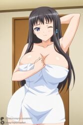 1female 1girl 1girls 2026 ;) ai_generated arm_behind_head arm_up armpits artist_name bangs big_ass big_breasts black_hair blue_eyes blush breasts cleavage closed_mouth collarbone cowboy_shot curvy eroge!_h_mo_game_mo_kaihatsu_zanmai hi_res high_quality high_resolution highres himeno_kisara huge_ass huge_breasts large_breasts long_hair looking_at_viewer naked_towel one_eye_closed patreon patreon_username smile solo towel unjobdespiert watermark