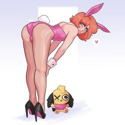 <3 1boy ass bent_over blue_eyes bunny_ears bunny_tail bunnysuit cuffs_(clothing) femboy feminine_male full_body girly heels high_heels loggus_doggus male male_only olivia_(loggus_doggus) orange_hair original pantyhose plushie solo spoken_heart transgender transgender_woman very_high_resolution wrist_cuffs