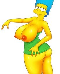 ass black_eyes blue_hair breasts clothing female female_only green_dress human marge_simpson nipples pbrown solo the_simpsons white_background yellow_skin