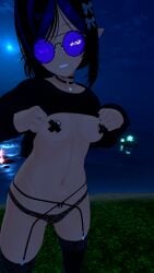 black_hair black_sclera corrin_asumi heterochromia lifting_shirt panties pasties purple_eye purple_nails stockings vrchat vrchat_avatar yellow_eye