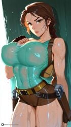 1girl ai_generated artist_name bag bare_shoulders belt black_gloves braid breasts brown_belt brown_eyes brown_hair brown_shorts cameltoe covered_navel covered_nipples cowboy_shot fingerless_gloves gloves gun handgun holster huge_breasts lara_croft large_breasts lips long_hair looking_at_viewer parted_lips patreon questionable see-through shirt short_shorts shorts single_braid solo standing tank_top thick_thighs thighs tomb_raider weapon wet wet_clothes