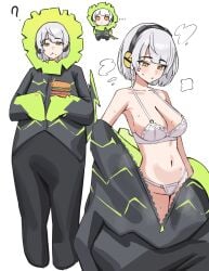 1girl ? absurdres alternate_costume anby_demara bland0_0 blando bra breasts burger chibi cleavage commentary english_commentary ethereal_(zenless_zone_zero) food headphones highres holding holding_burger holding_food large_breasts midriff multiple_views navel orange_eyes panties short_hair simple_background underwear undressing white_background white_bra white_hair white_panties zenless_zone_zero