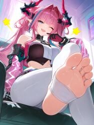 1girls ai_generated arknights:_endfield blue_eyes crop_top crossed_legs fang feet foot_fetish foot_out_of_frame from_below gloves horns large_breasts looking_at_viewer midriff pink_hair pointy_ears sitting smile soles thighs toeless_legwear toes twintails white_pants wink yvonne_(arknights:_endfield)