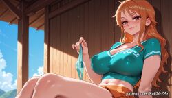 1girl 2026 ai_generated anime bangs blue_sky blush boobs bow bow_panties breasts brown_eyes cleavage closed_mouth cloud collarbone covered_nipples crop_top crossover day eye_contact female female_focus female_only flushed highres holding holding_clothes holding_panties holding_underwear huge_breasts large_breasts lips long_hair looking_at_viewer midriff nami_(one_piece) navel neutral_expression nsfw one_piece orange_hair orange_skirt outdoors panties panties_removed patreon patreon_username pleated_skirt rognezart shirt short_sleeves sitting skirt sky smile smiling solo stomach underwear very_long_hair