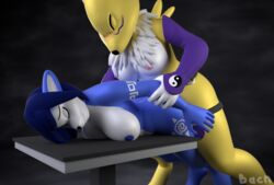 2015 3d anthro bacn bent_over big_breasts blush breasts canine crossover digimon dildo duo female fox fur hair krystal mammal nintendo nipples nude penetration renamon renamon_(bacn) sex sex_toy star_fox strapon table video_games yuri