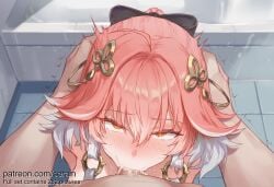 1boy 1girl 2026 ai_generated black_bow blush bow breasts censored changli_(wuthering_waves) cum cum_in_mouth cum_overflow deepthroat ejaculation fellatio hair_between_eyes hair_bow hair_ornament hands_on_another's_head head_grab hetero highres irrumatio long_hair looking_at_viewer looking_up mosaic_censoring multicolored_hair nsfw oral orange_eyes penis pink_hair pov pov_crotch rolling_eyes serain solo_focus trembling uncensored upturned_eyes white_hair wuthering_waves yellow_eyes