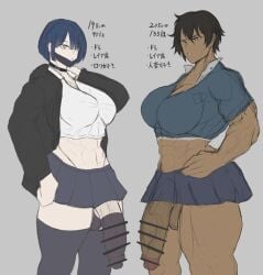 2futas abs akane_(soutoku) big_breasts big_penis breasts censored condom dark-skinned_futa dark_skin flaccid futanari huge_balls huge_breasts huge_cock huge_penis mask measurements muscular muscular_futa original original_character penis skirt soutoku text unfinished veiny_penis