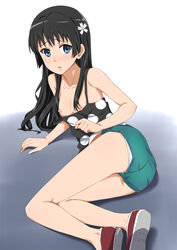 1girls arm_support black_hair blue_eyes blush breasts female flower hair hair_flower hair_ornament ichihisa legs long_hair lying nipples on_side panties polka_dot saten_ruiko shoes shorts solo tank_top teenage_girl teenager to_aru_kagaku_no_railgun to_aru_majutsu_no_index wardrobe_malfunction young