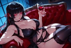 1girl 1girls ai_generated alcohol armpits babydoll balecxi bangs bare_shoulders black_choker black_garter_belt black_hair black_legwear black_panties black_thighhighs black_underwear blunt_bangs blush breasts chisa_(wuthering_waves) choker cleavage clothing collarbone couch crossed_legs cup curvaceous curvaceous_female curvaceous_figure curvy curvy_figure drinking_glass female female_focus female_only fingernails garter_belt glowing_eyes hair_ribbon hime_cut holding holding_cup indoors inviting inviting_to_sex lace lace-trimmed_legwear lace_trim large_breasts legwear lingerie lips lipstick long_hair looking_at_viewer makeup mole mole_under_eye mole_under_mouth navel night on_couch panties pantsu presenting presenting_ass presenting_breasts presenting_hindquarters presenting_pussy presenting_self red_eyes red_lips ribbon seductive seductive_look seductive_smile sitting smile solo thighhighs thighs underwear underwear_only voluptuous voluptuous_female window wine wine_glass wuthering_waves