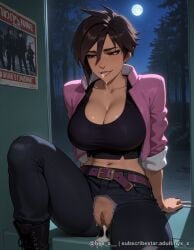 1girl after_sex after_vaginal ai_generated belt biting black_pants boots breasts brown_eyes brown_hair cleavage clitoral_hood crop_top cropped_jacket cum cum_in_mouth cum_in_pussy cumdrip denim dispatch_(game) explicit full_moon invisigal jacket large_breasts lip_biting midriff moon navel night night_sky no_panties nyx_x open_clothes open_jacket pants pink_jacket pussy short_hair sitting sky sleeves_pushed_up solo sweat tomboy torn_clothes torn_pants uncensored