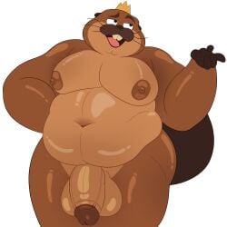 absurd_res anthro areola balls beaver belly brown_body disney genitals glans glistening glistening_body hi_res hoppers hugo_yaps humanoid_genitalia humanoid_penis king_george_(hoppers) male mammal moobs navel nipples nude obese overweight overweight_anthro overweight_male penis pixar rodent simple_background solo whiskers white_background