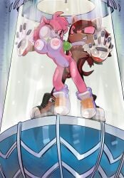 1boy 1girls against_glass amy_rose areolae big_breasts brown_eyes classic_amy_rose evil_grin fan_character grin innie_pussy keiph_the_tenrec metal_virus metallic_body one_eye_closed original_character pinklilim pussy red_sclera sharp_teeth shirt_up sonic_(series) sonic_oc sonic_the_hedgehog_(series) tube vaginal_penetration zombot