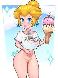 1girls alternate_version_available big_lips bikini bikini_top bimbo bimbo_lips blonde_hair blonde_pubic_hair blue_eyes blush bottomless breasts choker ear_piercing earrings exposed_pussy female female_only hair heart-shaped_pubic_hair hips holding_object ice_cream ice_cream_cone lips lipstick mario_(series) medium_breasts nail_polish nails neckwear nintendo pink_lips pink_lipstick pink_nail_polish pink_nails princess_peach pubes pubic_hair pussy shirt smile solo solo_female sparkles swimwear themed_clothes thick_lips thighs tied_hair topwear vagina white_shirt wiluma