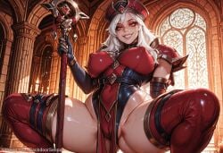 1girl ai_generated armor ass backdoorsenpai big_ass bodysuit breasts cameltoe curvy egao elbow_gloves female_focus grin hat large_breasts leotard lips long_hair makeup naughty_face naugty_eyes pauldrons pelvic_curtain perky_breasts red_eyes sally_whitemane smile solo spread_legs squatting thick_thighs thigh_boots thighhighs thighs warcraft white_hair wide_hips world_of_warcraft