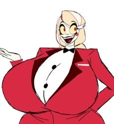 1girls 2d 2d_(artwork) alternate_breast_size big_breasts blonde_hair blonde_hair_female charlie_morningstar_(hazbin_hotel) demon demon_girl fangs female female_focus female_only hazbin_hotel large_breasts momiji_(artist) non-human smile solo solo_female solo_focus suit white_background white_skin white_skinned_female wide_hips