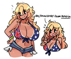 1girl 2026 australia australian_flag austria austrian austrian_female big_boobs big_breasts bikini bikini_top blonde blonde_female blonde_hair blush boobs breasts clothed clothing hair hi_res hot murgoten shorts simple_eyes tan_body tan_skin text white_background wristwear