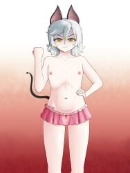 1girls angry angry_expression angry_face animal_ears bat bat_ears bat_tail belly_button fist flat_chest flat_chested frilled_panties frills gold_eyes horizontal_navel im_tim multicolored_hair oc original original_character pink_panties short_hair silver_hair standing tummy