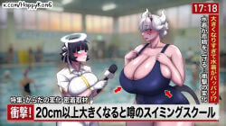 angel angel_female angel_girl arrow_(symbol) arrow_pointing_to_breasts arrow_sign arrows aureola azazel_(helltaker) background beelzebub_(helltaker) big_boobs big_breasts big_nipples boobs boobs_and_butt_pose boobs_bigger_than_head breast_press breast_squeeze breasts breasts_bigger_than_head breasts_bulge breasts_focus chubby chubby_female chubby_woman demon demon_girl demon_horns female female_focus females females_only happykon helltaker huge_boobs huge_breasts huge_nipples japanese japanese_dialogue japanese_language japanese_text looking_at_another nervous nervous_expression nervous_face news news_report news_reporter nipples realistic_background report reporter size_difference swimming swimming_pool swimsuit