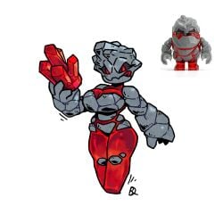 1girls black_sclera cleavage crystal female female_only holding_object kabewski kabooski01 large_breasts lego looking_at_viewer no_feet red_body red_eyes rock_creature rock_monster shortstack thick_thighs tongue tongue_out