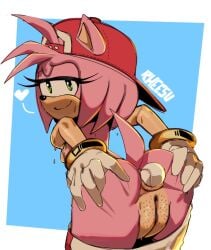 1girls all-star_amy amy_rose anthro ball baseball_(ball) baseball_cap bent_over bodily_fluids bottomwear bottomwear_down bracelet butt clothed clothing eulipotyphlan female female_only fur furry furry_female furry_only genitals gloves green_eyes grin handwear hat headgear headwear heart_symbol hedgehog jewelry looking_at_viewer looking_back mammal narrowed_eyes pants pants_down partially_clothed pink_body pink_fur pubes rheesu sega smile solo solo_female solo_focus sonic_(series) sonic_forces_speed_battle sonic_the_hedgehog_(series) spread_butt spreading sweat tail tan_body tan_skin vulva