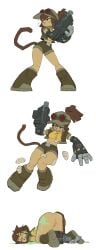 1girl 1girls all_fours amugea animal_ears animal_nose anthro anus arm_cannon ass baseball_cap bdsm belt black_belt blush body_fur bondage boots bottomless bound bound_wrists breasts brown_eyes brown_footwear brown_gloves brown_hair brown_headwear brown_jacket brown_shorts cat_ears cat_girl cat_tail cleft_of_venus clenched_teeth closed_eyes closed_mouth clothes_pull clothing crop_top cropped_jacket eyewear_on_headwear facial_mark female full_body furry furry_female gameoverse gauntlets gloves goggles goggles_on_head grey_footwear gun hat holding holding_gun holding_weapon insects jacket kit_(gameoverse) knee_boots looking_to_the_side maggot maggots mammal mechanical_arms metal_slug midriff navel open_clothes open_jacket panty_pull ponytail pussy restrained shirt short_hair short_shorts short_sleeves shorts shorts_pull simple_background single_mechanical_arm small_breasts solo standing stomach sunglasses tail teeth tinted_eyewear top-down_bottom-up torn_clothes torn_shirt weapon whisker_markings white_background worm yellow_shirt