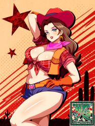 1girls 2d 4k absurd_res arm_up bandana big_breasts brunette clothed cow_girl cowboy_hat cowgirl_outfit denim_shorts digital_drawing_(artwork) eyeshadow gloves hand_on_hip hi_res jean_shorts leg_up lipstick mario_(series) nintendo pale_skin pauline pinup pose posing posing_for_the_viewer red_lips red_lipstick sexy_pose shiya_moegin solo solo_female suggestive_look thick_thighs tied_shirt video_game_character