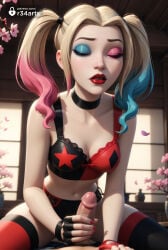 1boy 1boy1girl 1girls ai_generated artist_name black_bra black_panties blonde_hair blue_hair bra breasts cherry_blossoms choker cleavage closed_eyes dc dc_comics erection eyeshadow female fingerless_gloves girl_on_top gloved_handjob gloves gradient_hair handjob harley_quinn harley_quinn_(series) hetero hi_res lips lipstick makeup male_pubic_hair medium_breasts multicolored_clothes multicolored_hair nail_polish navel panties patreon_username penis petals pink_hair pov pov_crotch r34arts red_lips red_nails solo_focus thighhighs twintails uncensored underwear web_address